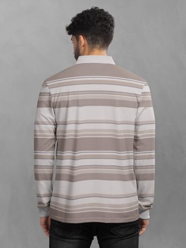 Image of BULLMER Striped Textured Printed Polo Neck Fullsleeve T-Shirt with Rib for Men