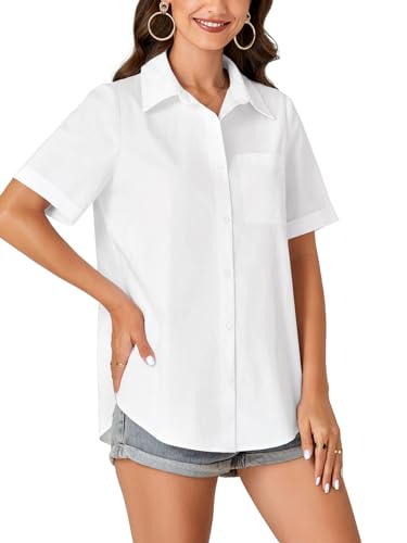 KIFOVEN Women’s Short Sleeve Button Down Shirt Collared Cotton Casual Summer Blouse Top with Pocket4