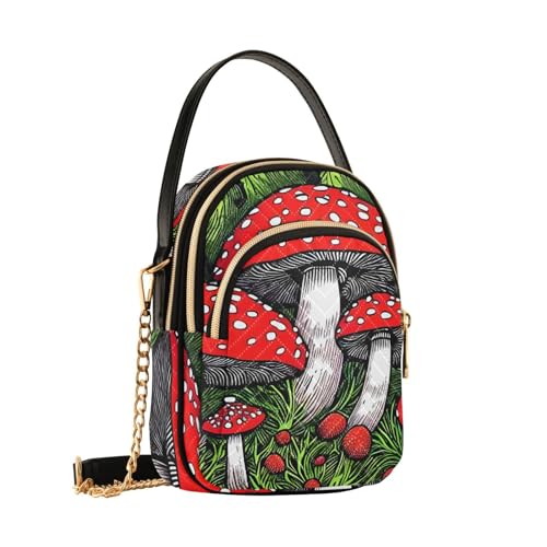 Pattern Vivid Red Mushroom Crossbody Shoulder Bags for Women, Compact Fashion Sling Bag with Chain Strap Top handle for Evening Party Dating Travel