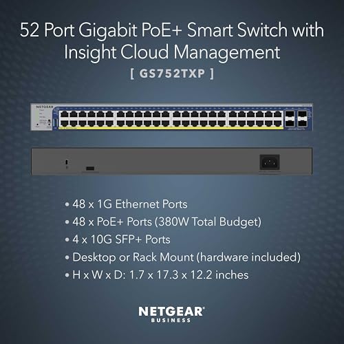 Image of NETGEAR 52-Port PoE Gigabit Ethernet Smart Switch (GS752TXP)- Managed, with 48 x PoE+ @ 380W, 4 x 10G SFP+, Optional Insight Cloud Management, Desktop or Rack Mount