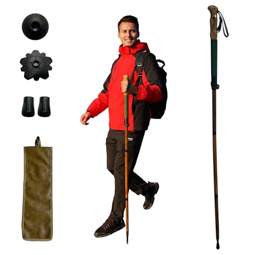 FOREST PILOT Trekking Pole - 1pc Pack Sassafrases Wood Adjustable&Detachable Hiking or Walking Stick with Flip Lock & All Terrain Accessories - Green Hand Strap
