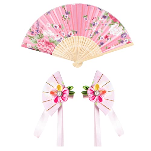 Elibelle Japanese Traditional Dress Kimono Robe For Kids Girls Costume Silk Folding Fans Hairstick Set(Pink130Cm) #TOP5