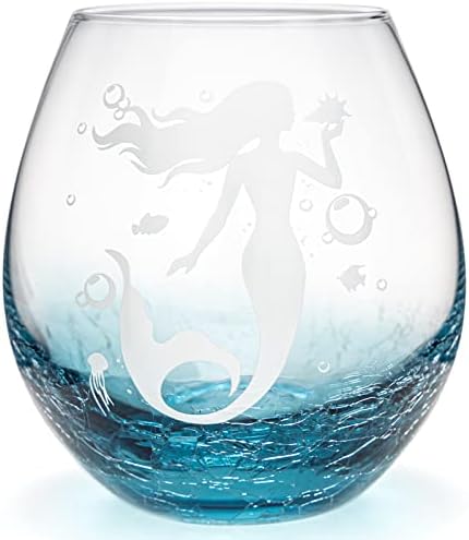 Mermaid Stemless Wine Glass - Teal Color Ocean Wine Glass for Gir...