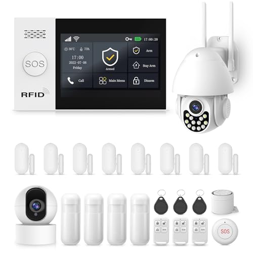 Sistema de Alarma inalámbrico para el hogar con cámara, Sistema de Alarma de Seguridad WiFi + 4G con Pantalla táctil de 4,3 Pulgadas, sin cuotas mensuales para la casa, Funciona con Alexa