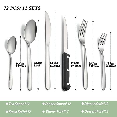 Pleafind 72 piezas, juego de cubiertos para 12 personas, cuberteria plateada de acero inoxidable que incluye cuchara, cuchillo, tenedor, cuchillo de carne, apto para lavavajillas - imagen 2