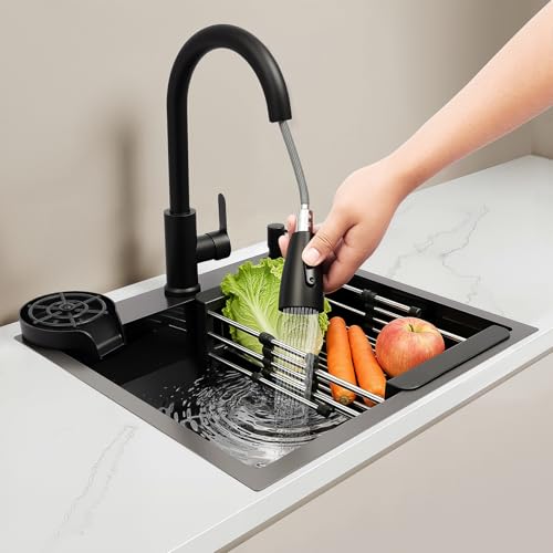 Fregadero de acero inoxidable de 50 x 45 cm, color negro con grifo extraíble y lavavajillas para tazas, fregadero de cocina multifuncional, 1 lavabo, fregadero empotrable con tubo de drenaje
