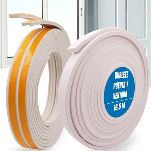16,5M Burlete Ventana y Burlete Puertas Blanco - Aislante Termico para Ventanas Adhesivo Goma Ventana Corredera Aluminio, Madera y PVC - Burlete Puerta Exterior para Aislar Frio e Insonorizar Viento