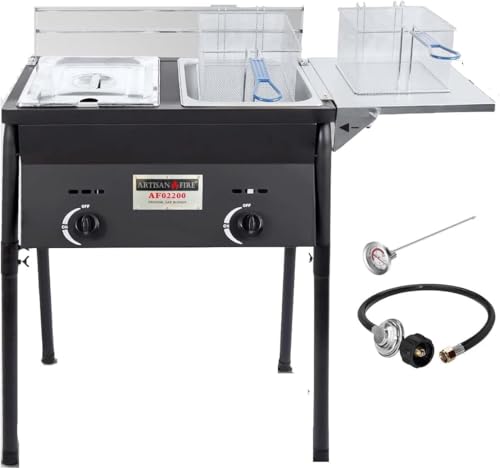 Two Tank Deep Fryer-2 Basket Stainless Steel Propane Cooker-Large Oil Capacity-Fry Fish/Chicken Outdoor-with Thermometer and Regulator