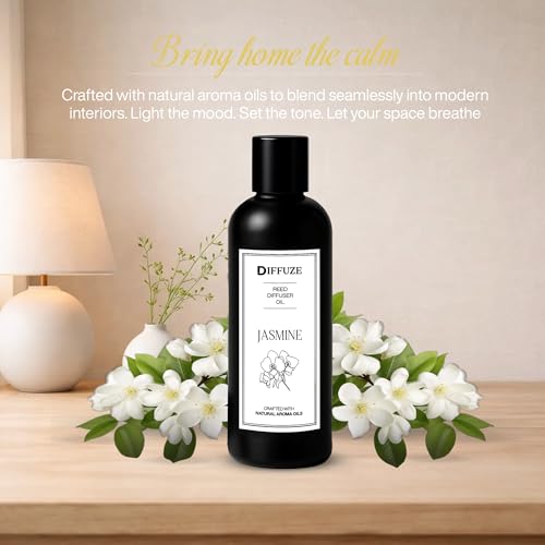 Image of DIFFUZE Jasmine Essential Oil Reed Diffuser Refill with 10 Fibre Reed Sticks | Floral Aroma Oil & Fragrance Oil | Diffuser Oil for Home Fragrance | Essential Oil Diffuser for Home