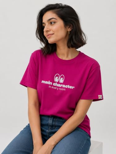Image of Main Character in Every Room Graphic Print T-Shirt, Hot Pink, Round Neck, Short Sleeve Cotton T-Shirt for Women
