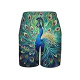 Peacock Feathers Peafowl Green Art Fashion Boys Swim Trunks Swim Board for Teen Kid Shorts Surf Swimming Beach Trunks Medium