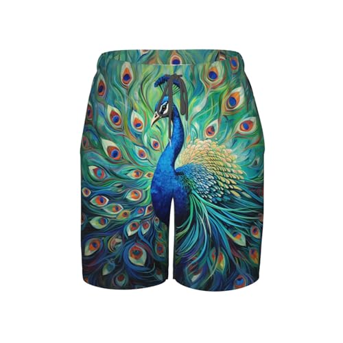 Peacock Feathers Peafowl Green Art Fashion Boys Swim Trunks Swim Board for Teen Kid Shorts Surf Swimming Beach Trunks Medium