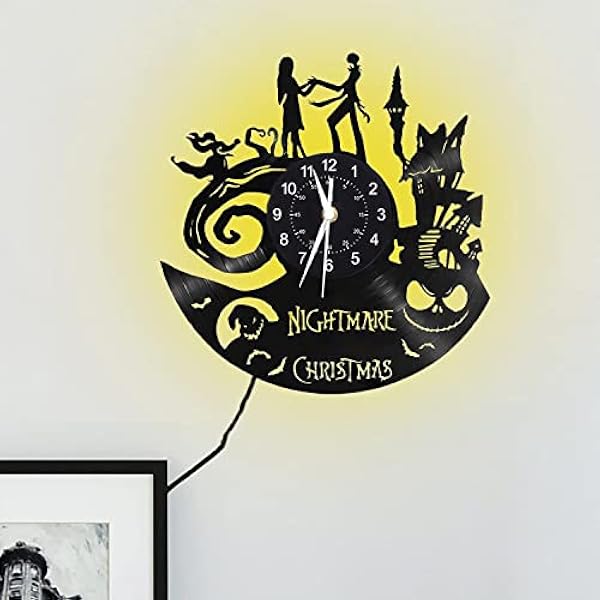 The Nightmare Before Christmas Vinyl Record Wall Clock 12 Inch Home Wall Decor with 7 Colors LED Lighting Unique Gift - Living Room Kitchen Halloween Lights Decoration