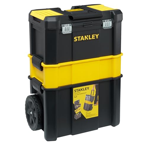STANLEY Essential Rollende Werkstatt (3-in-1 stapelbare Boxen, leerer Werkzeugkasten, belastbar bis zu 20kg, mit Metallverschlüsse, Organizer für Kleinteile im Deckel) STST1-80151