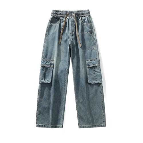 Men's Cargo Jeans Flap Pockets Wide Leg Baggy Denim Pants Drawstring Straight Jeans Trousers