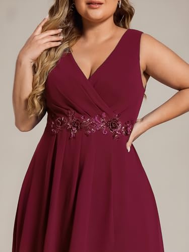Image of Ever-Pretty Plus Women's V Neck Applique Chiffon Pleated Sleeveless Midi Plus Size Cocktail Party Dresses