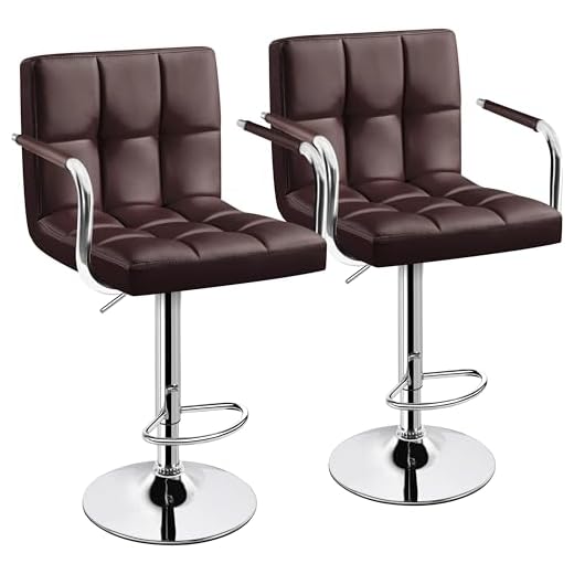Yaheetech Tall Bar Stools Set of 2 Modern Square PU Leather Adjustable BarStools Counter Height Stools with Arms and Back Bar Chairs 360 Swivel Stool, Brown