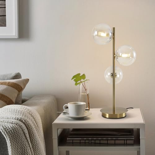 Image of Gold Globe Bedside Lamp, 3 Lights Mid Century Modern Table Lamp, Contemporary Cognac Glass Globe Readin Lamp for Bedroom Living Room Study Room