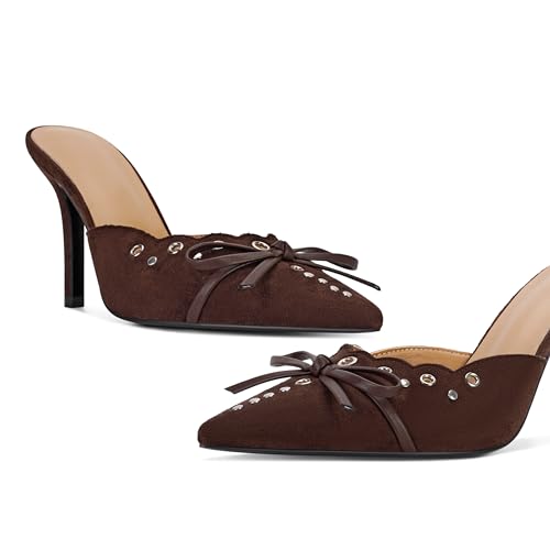 Image of DOEYG Women Pointed Toe Bow Heels Mules Slip on Stiletto Heels Sandals Dress Party Wedding Studded Heels Pumps