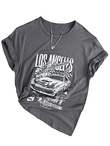 WDIRARA Girl's Car Letter Graphic Print Round Neck Short Sleeve Tee Casual T Shirts