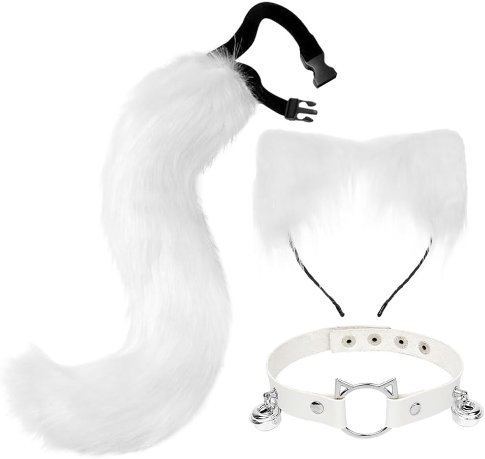 Cat Neko Costume Set - Ears Headband, Collar with Bell, Long Tail, Kitten Cosplay Costume Accessories for Halloween