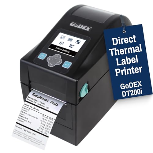 Image of McAuley Labels GoDEX DT200i Direct Thermal Printer - Wristband, Shelf & Specimen Labels Printer - 2 inch, 203 DPI, Color LCD & USB Host, USB /Serial /Ethernet