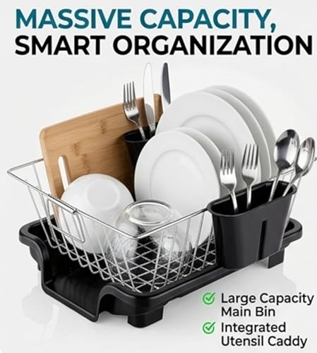 Image of Stainless Steel Dish Drying Rack with Drain Tray, Kitchen Countertop Dish Drainer Basket with Utensil Holder, Plate & Glass Organizer, Rustproof Compact Dish Rack for Kitchen Sink