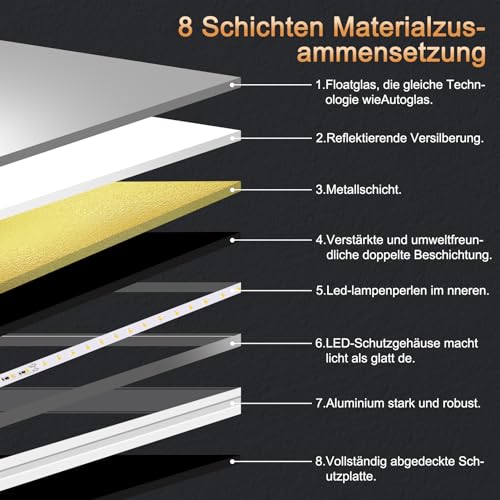 Trintion LED Badspiegel mit Beleuchtung Badezimmer Wandspiegel Badezimmerspiegel Anti-Beschlag mit Touch-Schalter Energiesparend Lichtspiegel (70x50cm Mit Touch-Schalter) 5
