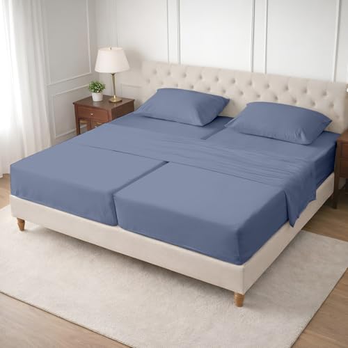 Image of SGI Split King Sheet Set for Adjustable Bed Egyptian Premium Cotton 600 Thread Count Sheet for Sleep Number Bed 15 inch Deep Pocket 5 Pc Set with 2 Twin XL Fitted Sheets Soft Breathable Mediterranean Blue