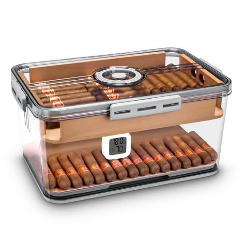 CLZOONG Cigar Humidor Jar/Case/Box Large Clear with Hygrometer Humidifier&Cedar Wood Shelf (Two-Layer Space) Cigar Acrylic Humidor Portable Airtight Can Hold About 80-100 Cigars (L)