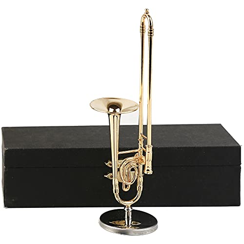Dselvgvu Miniature Trombone with Stand and Case Brass Mini Musical Instrument Trombone Replica Collectible Figurines Dollhouse Accessories Model Home Decoration Display Ornament (5.91