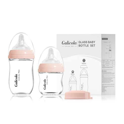 Gulicola Natural Glass Baby Bottle Newborn Set, 3 oz and 5 oz with Extra Slow Flow & Slow Flow Nipple, Anti Colic, 0-3 Months, 2 Pack - Pink