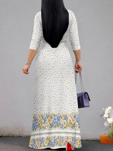 Image of Women's V Neck Floral Maxi Dress 3 /4 Sleeve Plus Size Boho Wrap Flowy Long Dresses with Belt