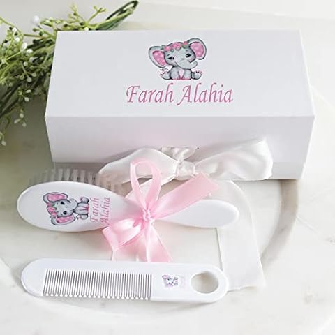 Personalized Baby Gift - Baby Brush and Comb Set, Suitable for Ages 0-3 Years, New Baby Gift - Pink, Blue or Purple Elephant, Elephant Baby Gift (Pink) Cover
