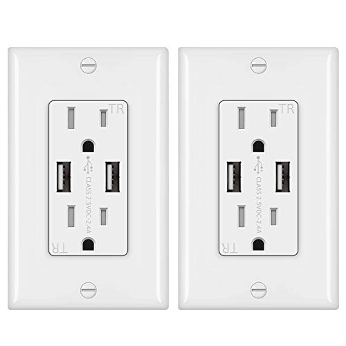 [2 Pack] BESTTEN USB Wall Outlet Receptacle, 2.4A Dual USB Charging Ports, Tamper Resistant, ETL Certified, White
