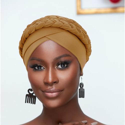 Image of DRESHOW African Women Turban Caps Beanie Twist Headscarf Pre-Tied Double Twisted Braid Hair Cover Wrap Hat Chemo Cancer Cap