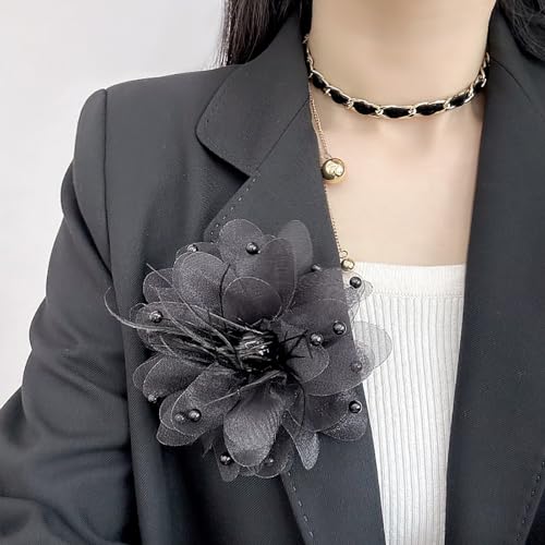 Image of Large Silk Camellia Flower Lapel Brooch Pin for Women Girls Handmade Fabric Rose Flower Floral Feather Faux Pearl Brooches Pins Dainty for Wedding Party Dance Suit Dress Accessories Jewelry Gifts