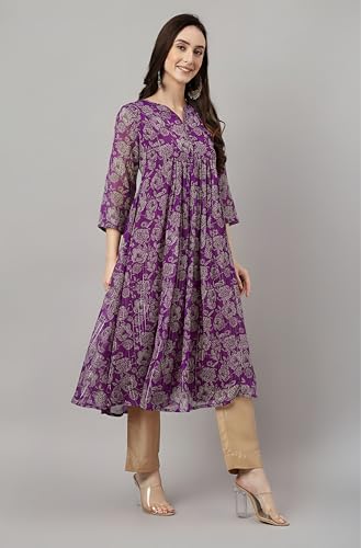 Image of Janasya Women's Chiffon Lurex Floral Printed A-line Kurta