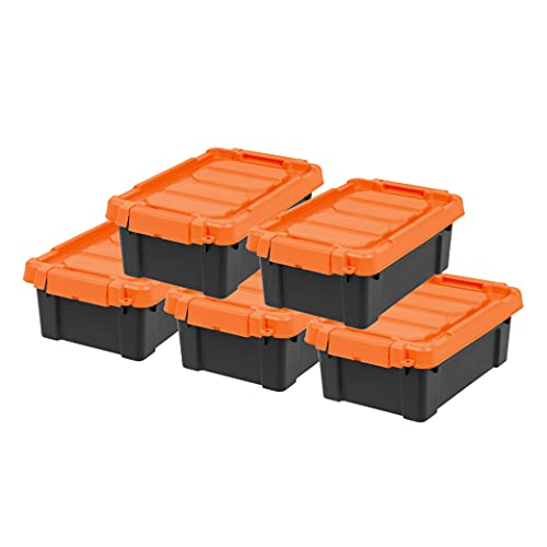IRIS USA 3 Gallon Lockable Storage Bins with Lids, 5 Pack – Made in USA, Heavy Duty, Stackable Containers, Garage Organizing Bins Moving Tubs, Rugged Sturdy Equipment Utility Box – Black/Orange