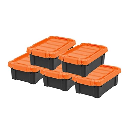 IRIS USA 3 Gallon Heavy-Duty Plastic Storage Bins, 5 Pack, Store-It-All Container Totes with Durable Lid and Secure Latching Buckles, Garage and Metal Rack Organizing, Black/Orange