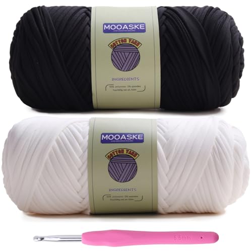 Image of Mooaske 2 Pack T-Shirt Crochet Yarn for DIY Knitting Crochet Cloth Blanket Bag Dolls - 400g Chunky Thick Yarn for Crocheting with Polyester-Spandex Blend Elastic Fabric (Black+White)