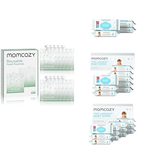 Bundle of Momcozy Reusable Baby Food Pouches for Toddlers,BPA Free Plastic,10 Packs,7oz + Baby Wipes-Extra Large Size Design, 99% Water Based, Unscented & Hypoallergenic