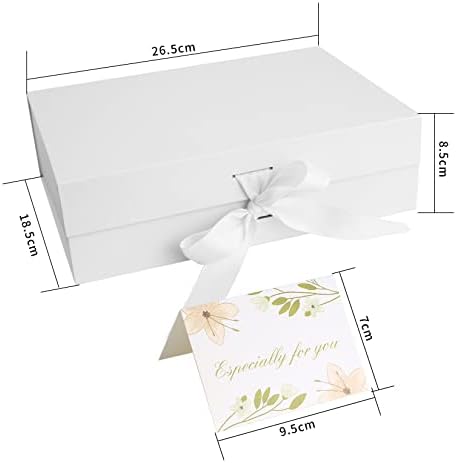 White Gift Box with Ribbon, Luxury Premium Magnetic Present Boxes with Lids, Large Rectangle Gift Packaging Decorative Box, Presentation Box for Present Gifts Birthdays, with Shredded Paper, Cards
