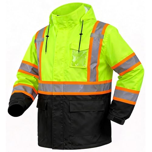 FATONE Hi Vis Rain Jacket Waterproof Class 3 High Visibility Rain Gear for Work Reflective Safety Rain Coats for Men with Black Bottom Lightweight Yellow (L/XL)