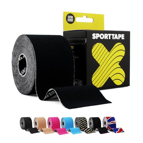 SPORTTAPE Original Kinesiology Tape, 5cm x 5m - Black | Professional Hypoallergenic, Waterproof K Physio Tape | Athletic Support Roll, Uncut Muscle Wrap for Injury Relief and Recovery