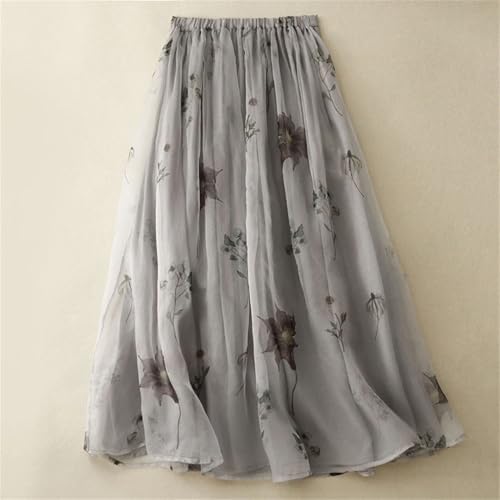 Women Cotton Linen Print Midi Skirt Double-Layer High Waist Vintage Loose Casual Ball Skirts2