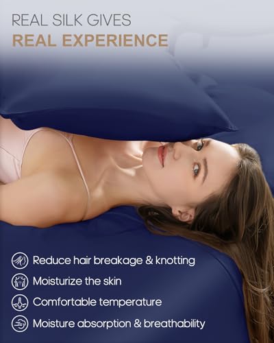 Image of THXSILK Set of 2 100% Mulberry Silk Pillowcase for Hair and Skin, Grade 6A+ Mulberry Silk Pillow Cases 22 Momme, Hypoallergenic Pillow Case Cover with Zipper (California King 20 inchx40 inch, Navy Blue)
