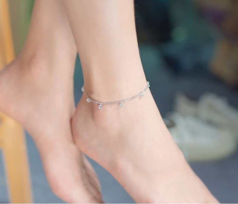 Pulsera de pie, Cadenas for el Tobillo, Tobillera de circón Brillante Auténtica Plata de Ley 925 Moda Descalza Pulsera de Cadena Original for Mujer Joyería Fina