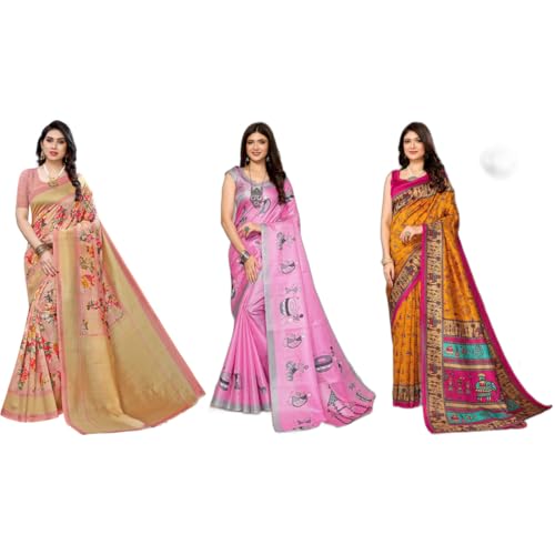 Image of Yashika Women's Sarees Women's Combo Art Silk Printed Saree With Unstitched Blouse Piece |saree for Women | saree combo | New Sari | Saree Pack Of 3