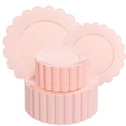 supernal 100Pcs Pink Plastic Plates Set for Party, Scalloped Fancy Plates
